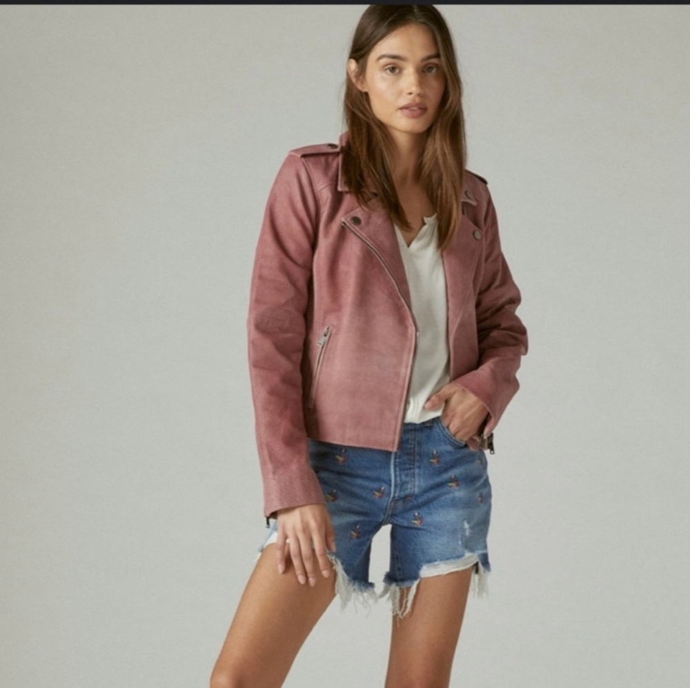 Lucky Brand Pink Distressed Leather Moto Jacket
